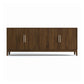 Copeland Furniture Mansfield Media Console with four doors, vertical metal handles, and angled legs crafted in high quality American hardwood.