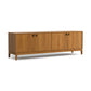 Mansfield Media Console by Copeland Furniture, rectangular with four doors and metal handles, short legs, crafted in mid-century modern style.