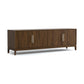 Mansfield Media Console by Copeland Furniture in solid hardwood, with four doors, metal handles, and short legs. American made, quality craftsmanship.