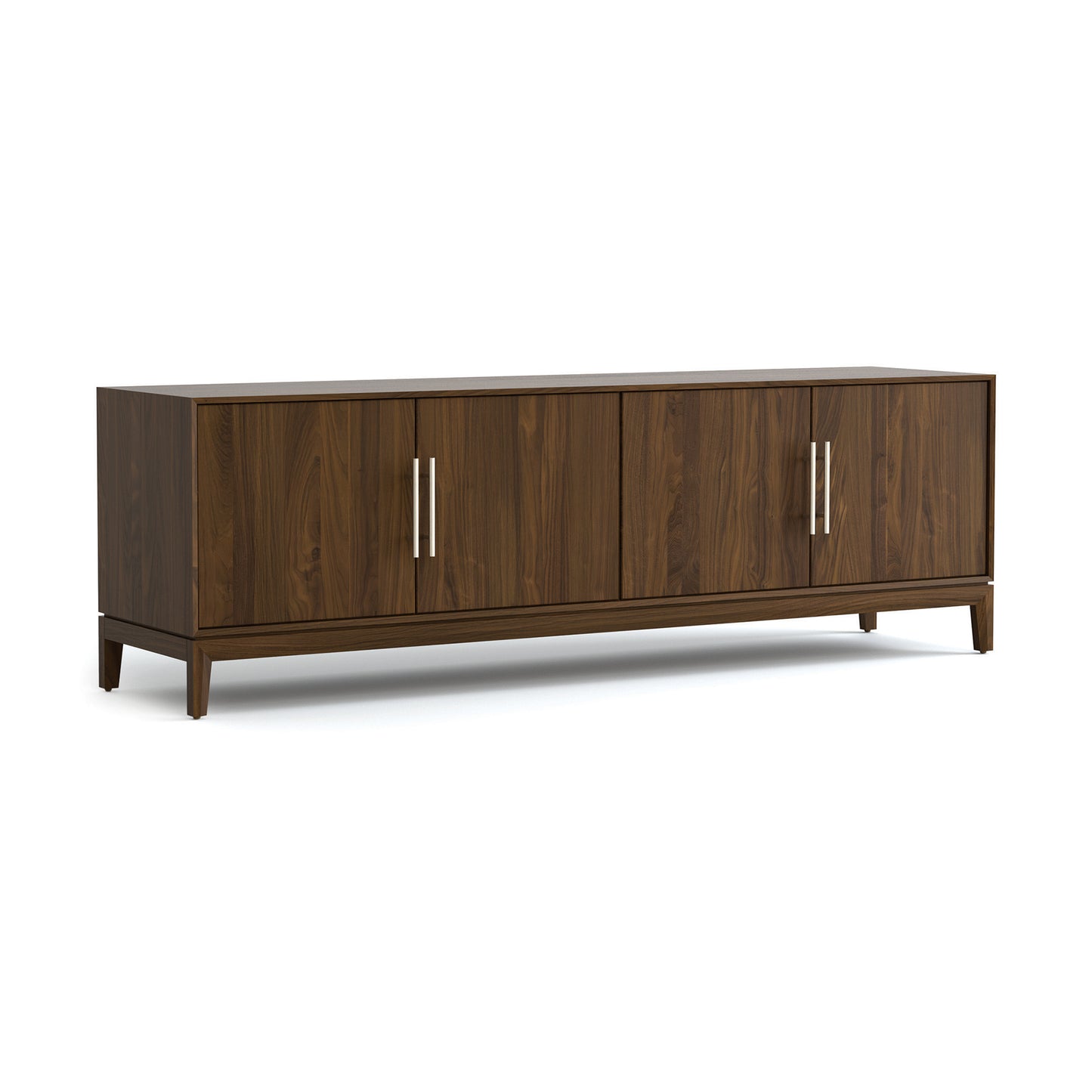 Mansfield Media Console by Copeland Furniture in solid hardwood, with four doors, metal handles, and short legs. American made, quality craftsmanship.