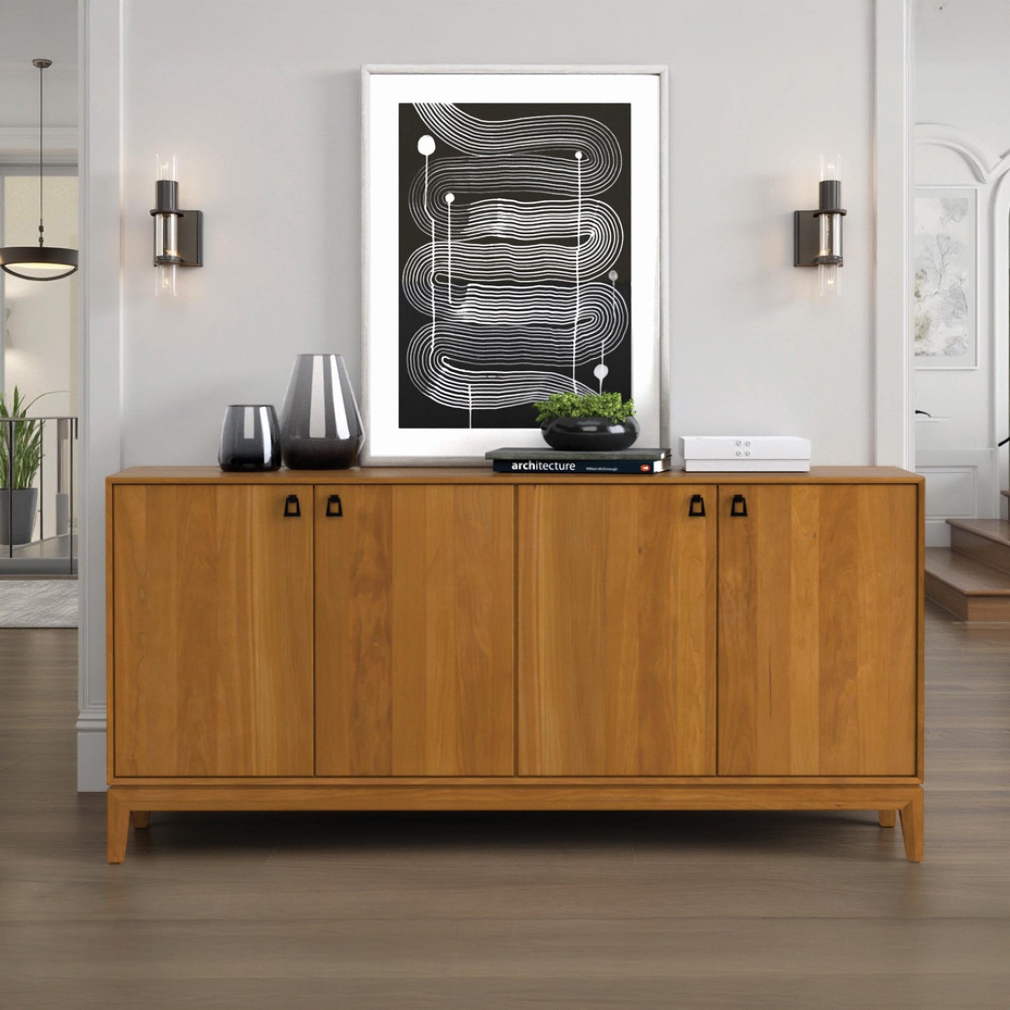 Copeland Furniture Mansfield Media Console, handcrafted in Vermont from solid wood, showcased with minimal decor in a contemporary setting.