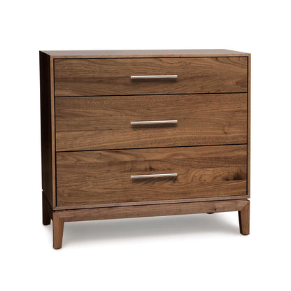 Mansfield 3-Drawer Chest featuring eco-friendly hardwood, smooth finish, and silver handles on short legs by Copeland Furniture.