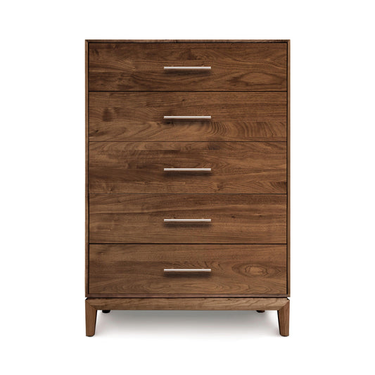Copeland Mansfield 5-Drawer Wide Chest in solid wood with short legs, showcasing sleek modern design and premium American craftsmanship.