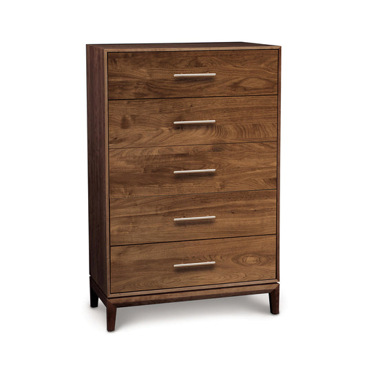 Copeland Mansfield 5-Drawer Wide Chest floor model with silver handles and short legs, showcasing American-made craftsmanship.
