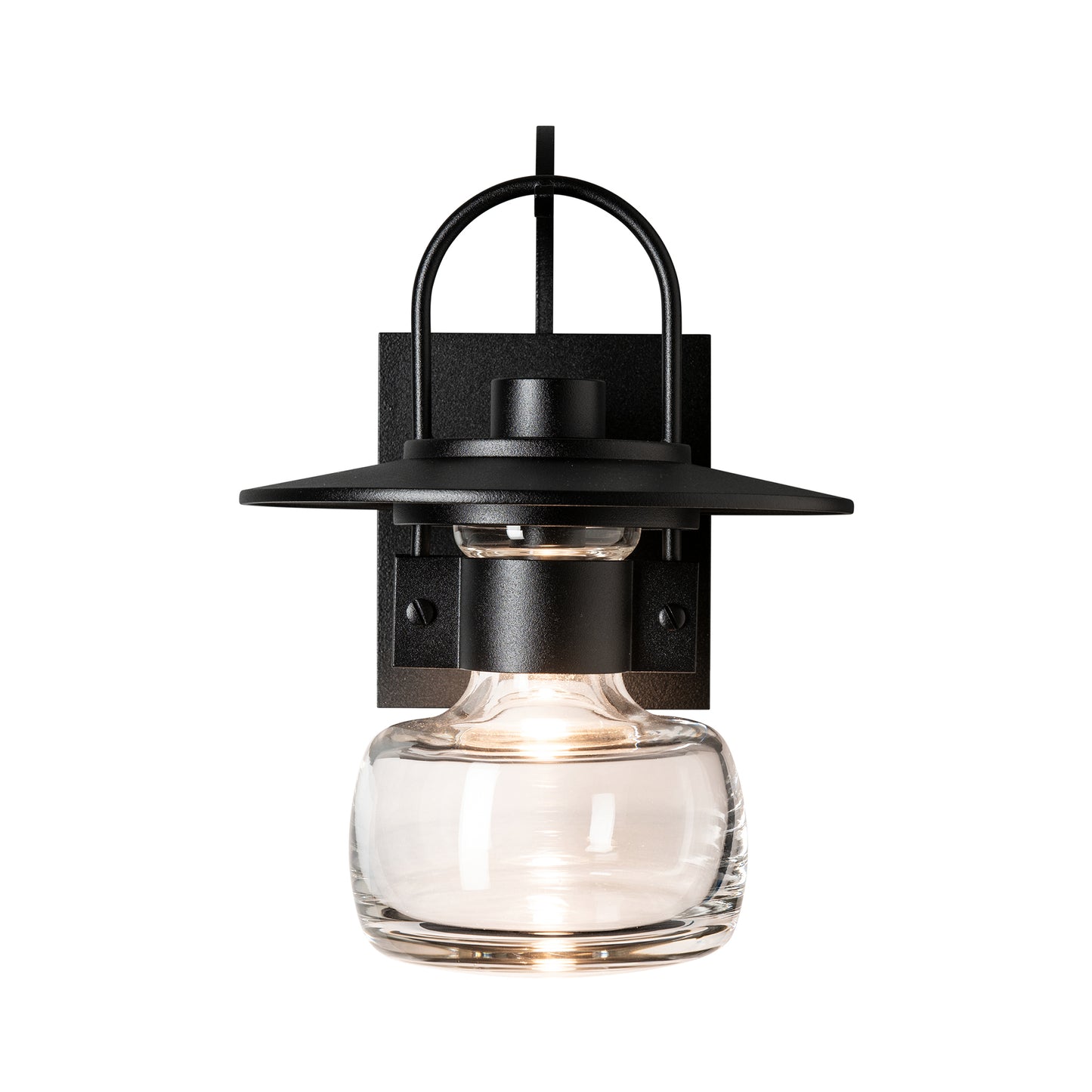 Hubbardton Forge Mason Outdoor Sconce with black metal frame, clear hand-blown glass, and square backplate crafted for modern style and durability.