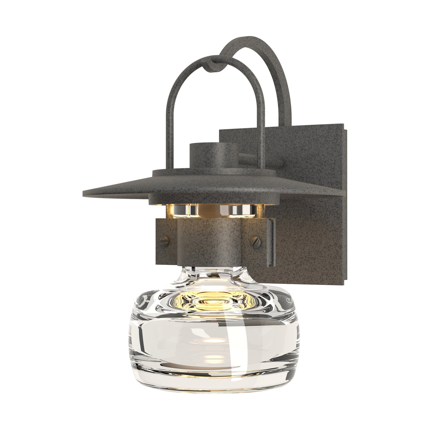 Close-up of the Mason Outdoor Sconce by Hubbardton Forge, highlighting hand-blown glass and distinctive flat metal top crafted in Vermont.