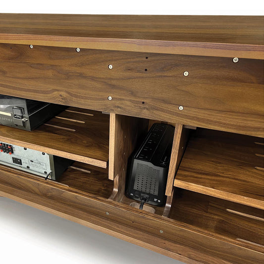Rear view of the Moduluxe Media Cabinet by Copeland Furniture showcasing integrated cable management and high-quality American craftsmanship.