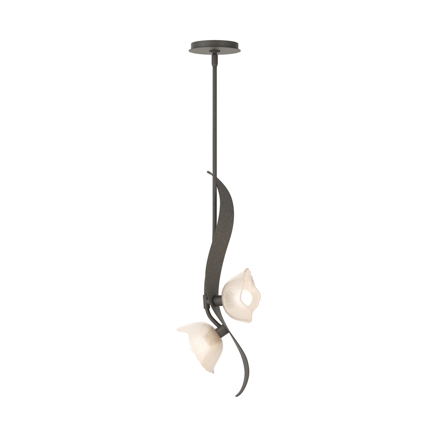 Mika 2-Light Pendant by Hubbardton Forge with curved dark metal arms and frosted glass shades, showcasing elegant modern lighting craftsmanship.