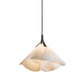 Modern Mobius Large Pendant by Hubbardton Forge with a white, fabric-like petal shade and black cord.