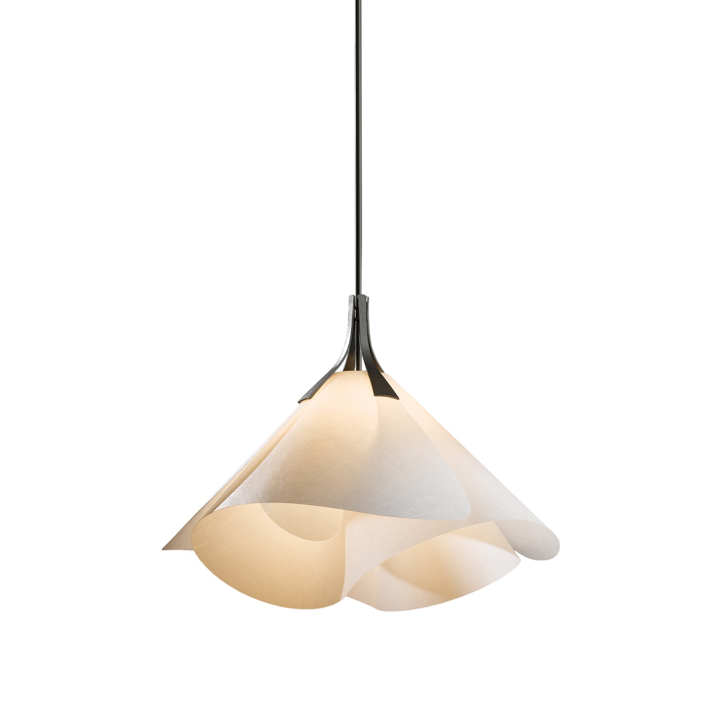 Modern Mobius Large Pendant by Hubbardton Forge with a white, fabric-like petal shade and black cord.