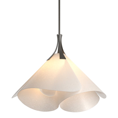 Mobius Large Pendant light by Hubbardton Forge featuring a modern, flower-inspired design and sleek dark metal stem, handcrafted in Vermont.