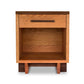 Modern American 1-Drawer Enclosed Shelf Nightstand showcasing a light brown grain with darker wood accents by Vermont Furniture Designs.