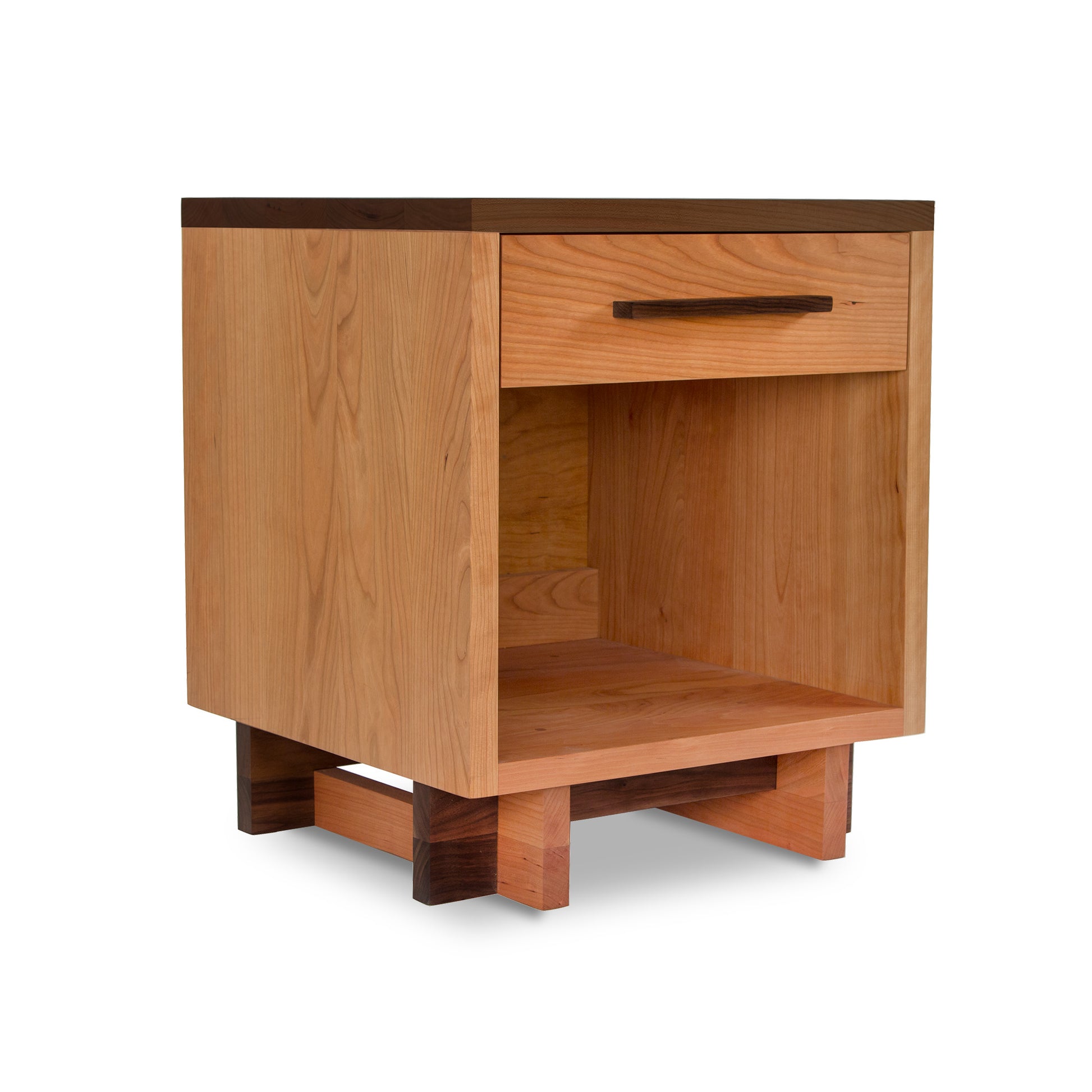Modern Vermont Furniture Designs nightstand featuring a drawer, enclosed shelf, and dark wood handle, handmade in Vermont.