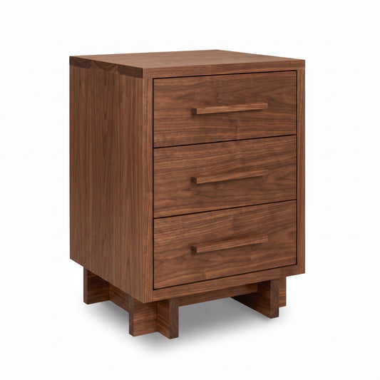 A three-drawer wooden nightstand with a dark walnut finish and matching wood drawer pulls, shown on a clean white background.