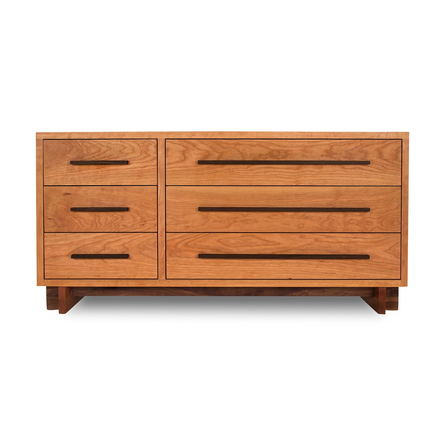 Vermont Furniture Designs Modern American 6-drawer dresser with recessed handles and mixed-size drawers, handcrafted in solid wood, American made quality.