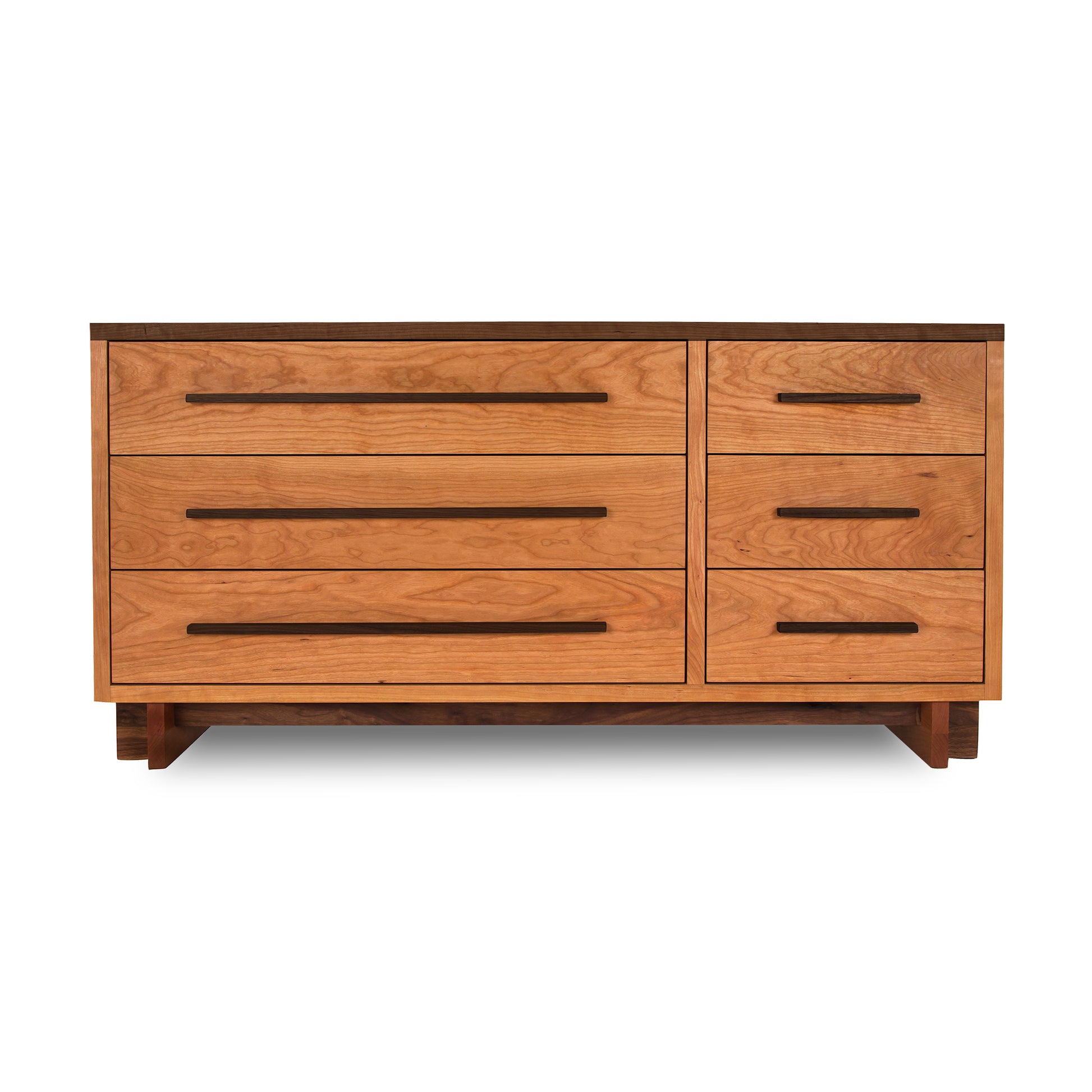 Modern American 6-Drawer Dresser by Vermont Furniture Designs with 3 large left drawers, 3 small right drawers, and sleek horizontal handles.