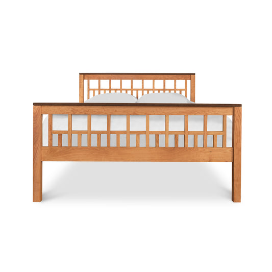 Modern American Trellis Bed by Vermont Furniture Designs with a sturdy solid hardwood frame and elegant slatted headboard, shown from the front.