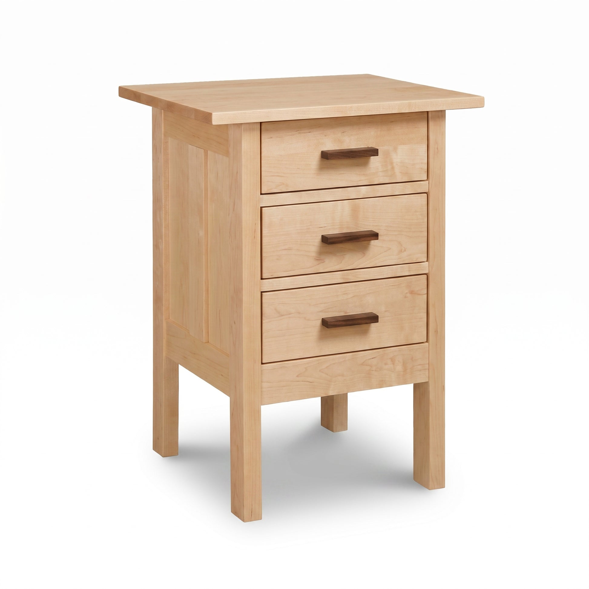 Vermont Furniture Designs Modern Craftsman 3-Drawer Nightstand in light solid wood with dark handles and sturdy four-leg base, American made.