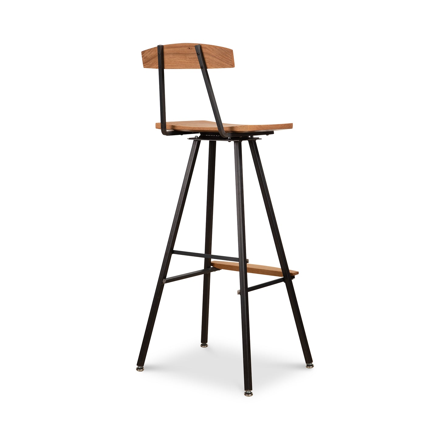 Vermont Woods Studios Modern Industrial Bar Stool with oak seat, metal frame, and footrest. American made quality craftsmanship.