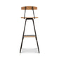 Modern Industrial Bar Stool with back from Vermont Woods Studios, crafted in oak with a wooden seat and sturdy black metal legs.