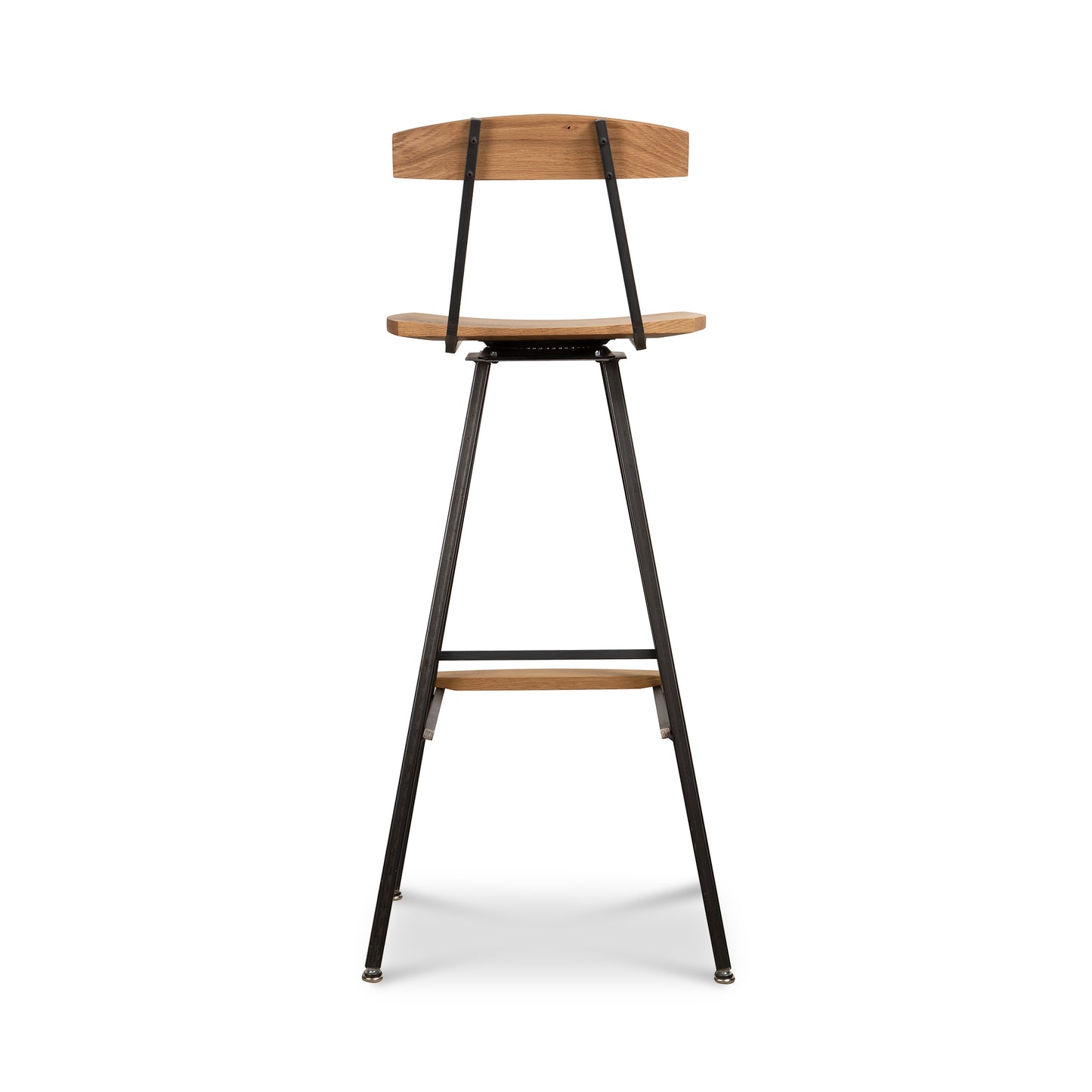 Modern Industrial Bar Stool with back from Vermont Woods Studios, crafted in oak with a wooden seat and sturdy black metal legs.