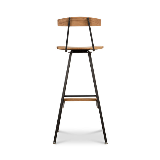 Modern Industrial Bar Stool with back from Vermont Woods Studios, crafted in oak with a wooden seat and sturdy black metal legs.