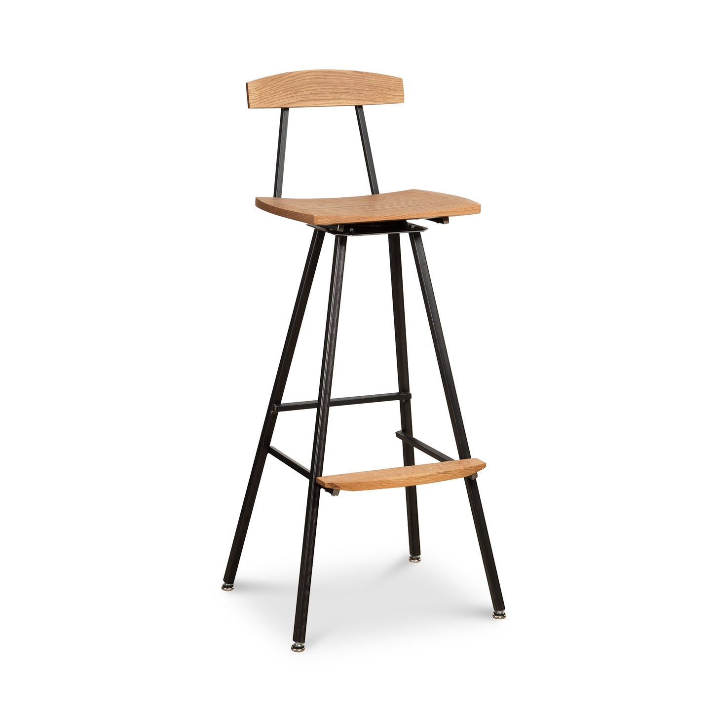 Modern Industrial Bar Stool with Back in Oak by Vermont Woods Studios, featuring an oak seat, backrest, footrest, and sleek black metal legs.