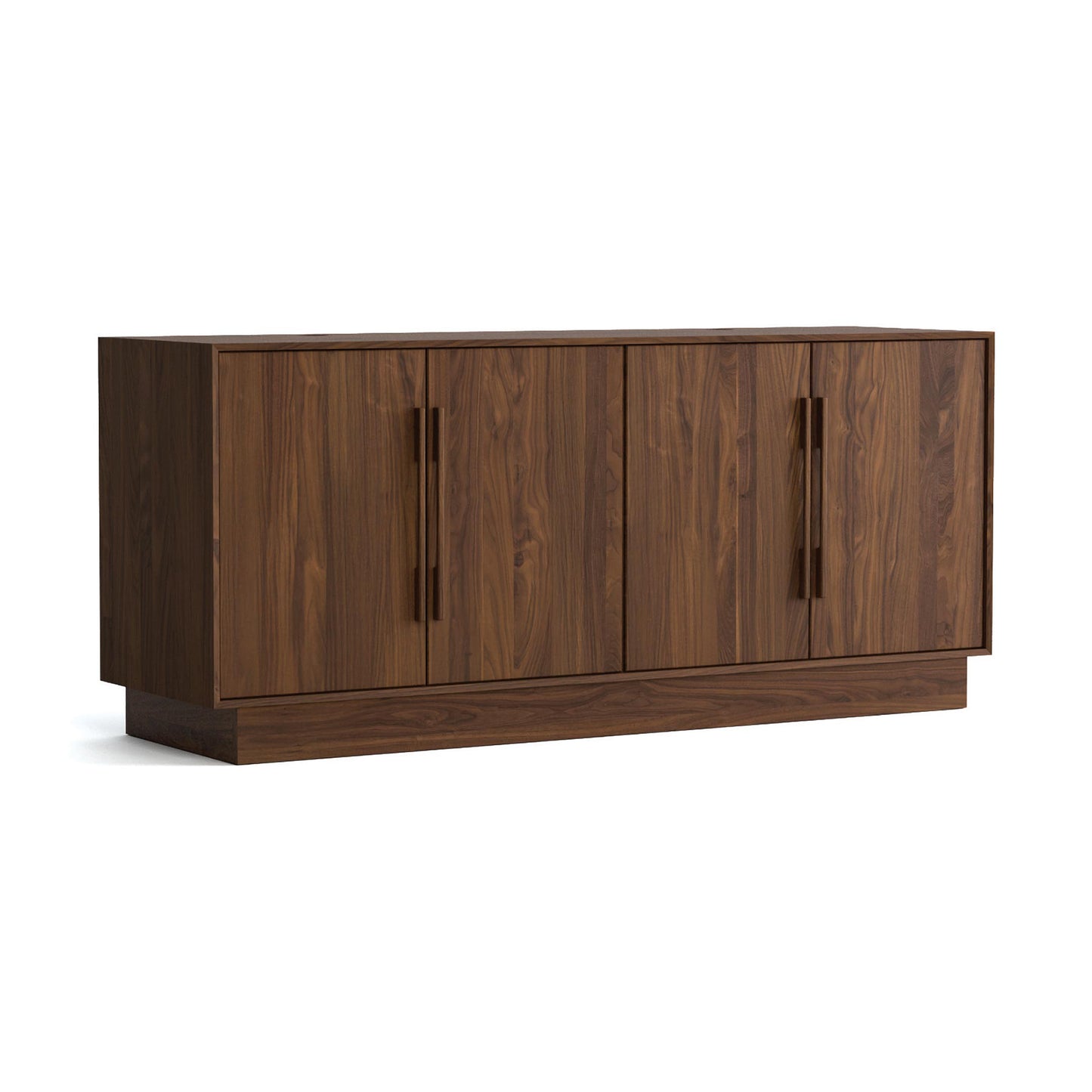 Moduluxe Media Console by Copeland Furniture featuring four doors and vertical handles, crafted in America from high-quality wood.