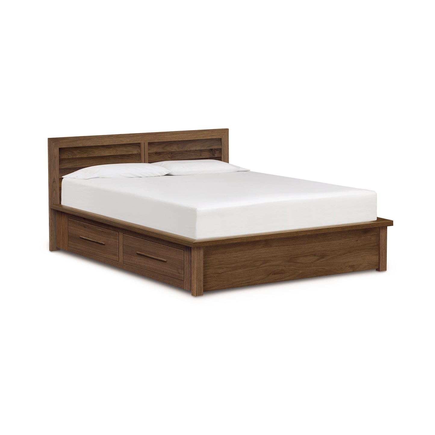 Copeland Furniture Moduluxe Storage Bed 35” featuring a clapboard headboard with integrated shelves and two spacious drawers, showcasing eco-friendly craftsmanship.