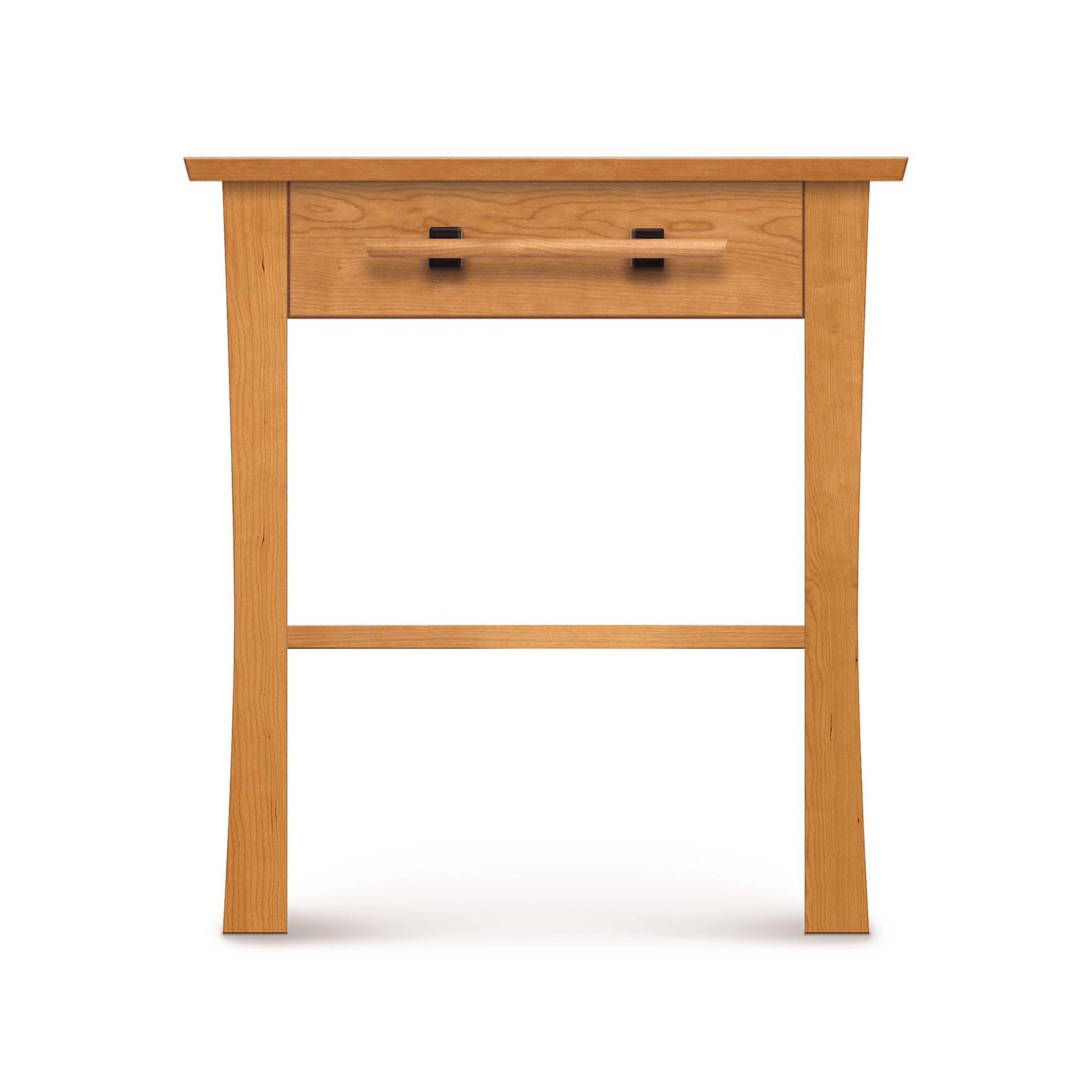 Copeland Furniture Monterey nightstand in solid cherry wood with black handles and slightly curved legs.
