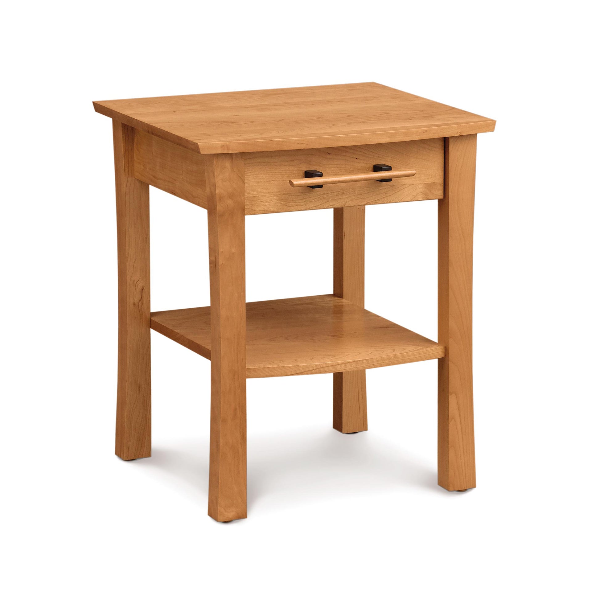 Solid cherry wood Monterey 1-Drawer Nightstand by Copeland Furniture with sleek dark metal handles.