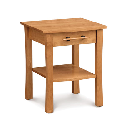 Solid cherry wood Monterey 1-Drawer Nightstand by Copeland Furniture with sleek dark metal handles.