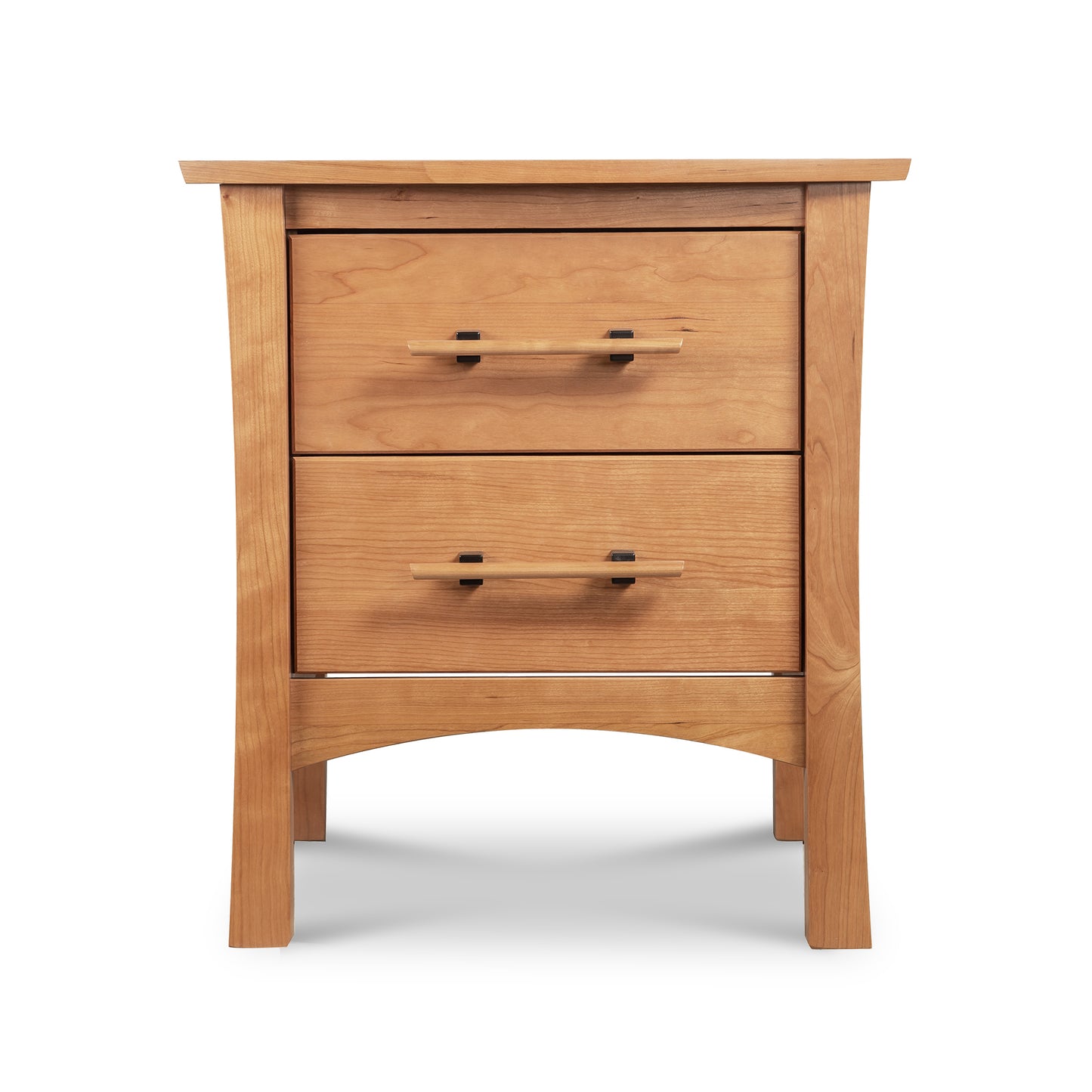 Monterey 2-Drawer Nightstand by Copeland Furniture features solid wood construction and sleek black handles, showcasing American craftsmanship.