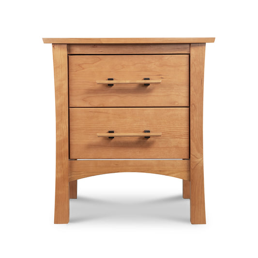 Monterey 2-Drawer Nightstand by Copeland Furniture features solid wood construction and sleek black handles, showcasing American craftsmanship.