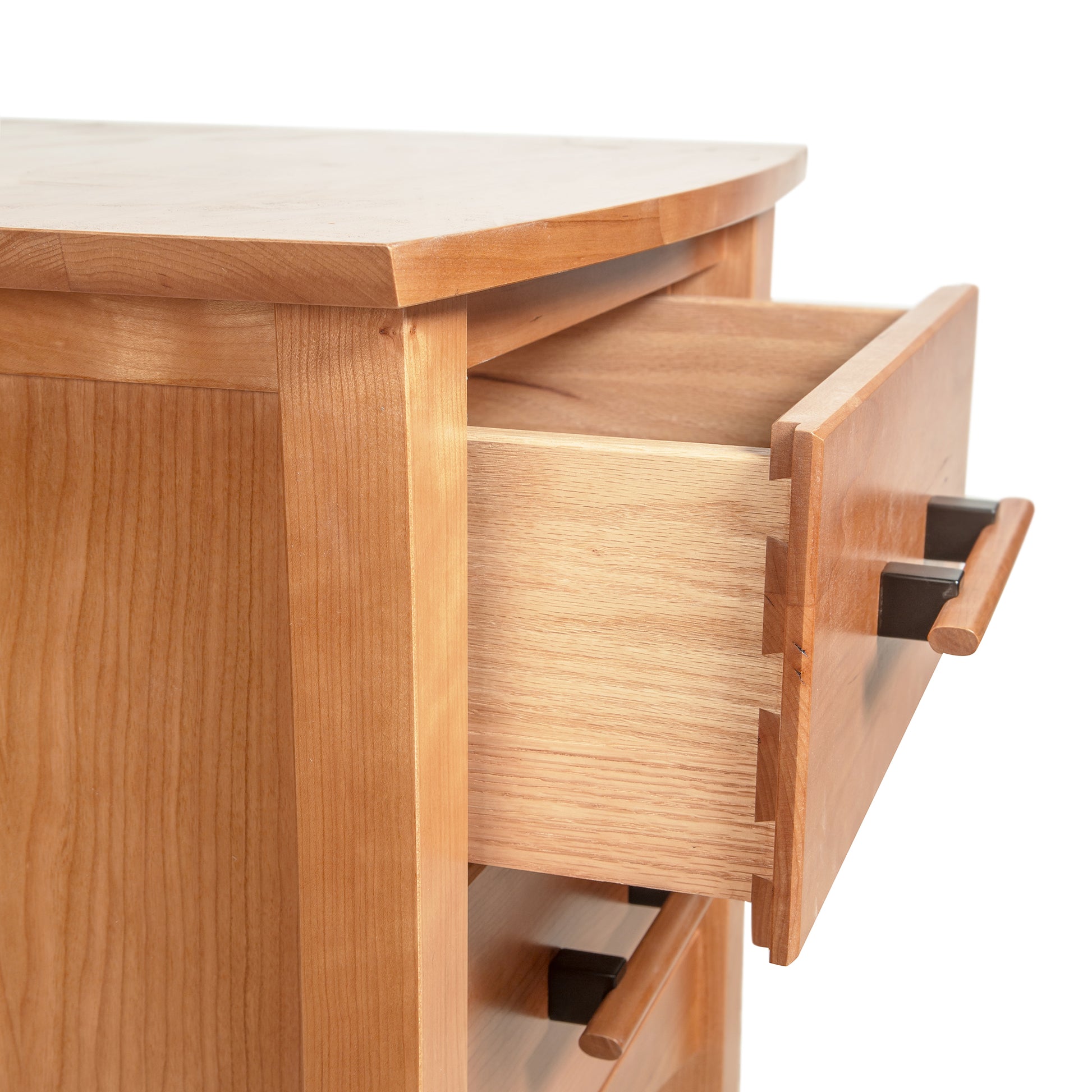 Copeland Furniture Monterey 2-Drawer Nightstand floor model featuring solid wood craftsmanship, dovetail joints, and sleek metal handles.