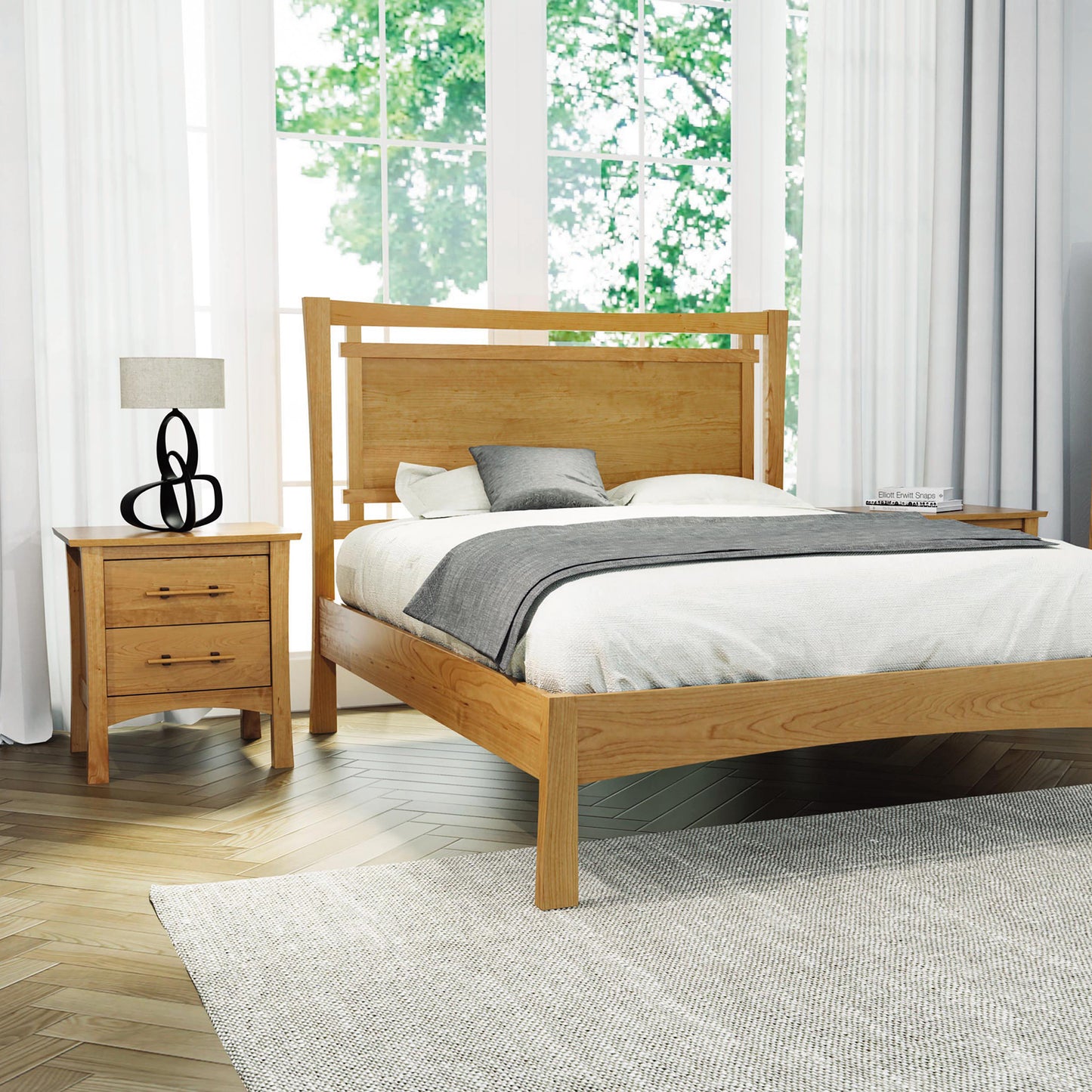 Copeland Monterey 2-Drawer Nightstand paired with a solid wood bed, showcasing handcrafted, American-made bedroom furniture.