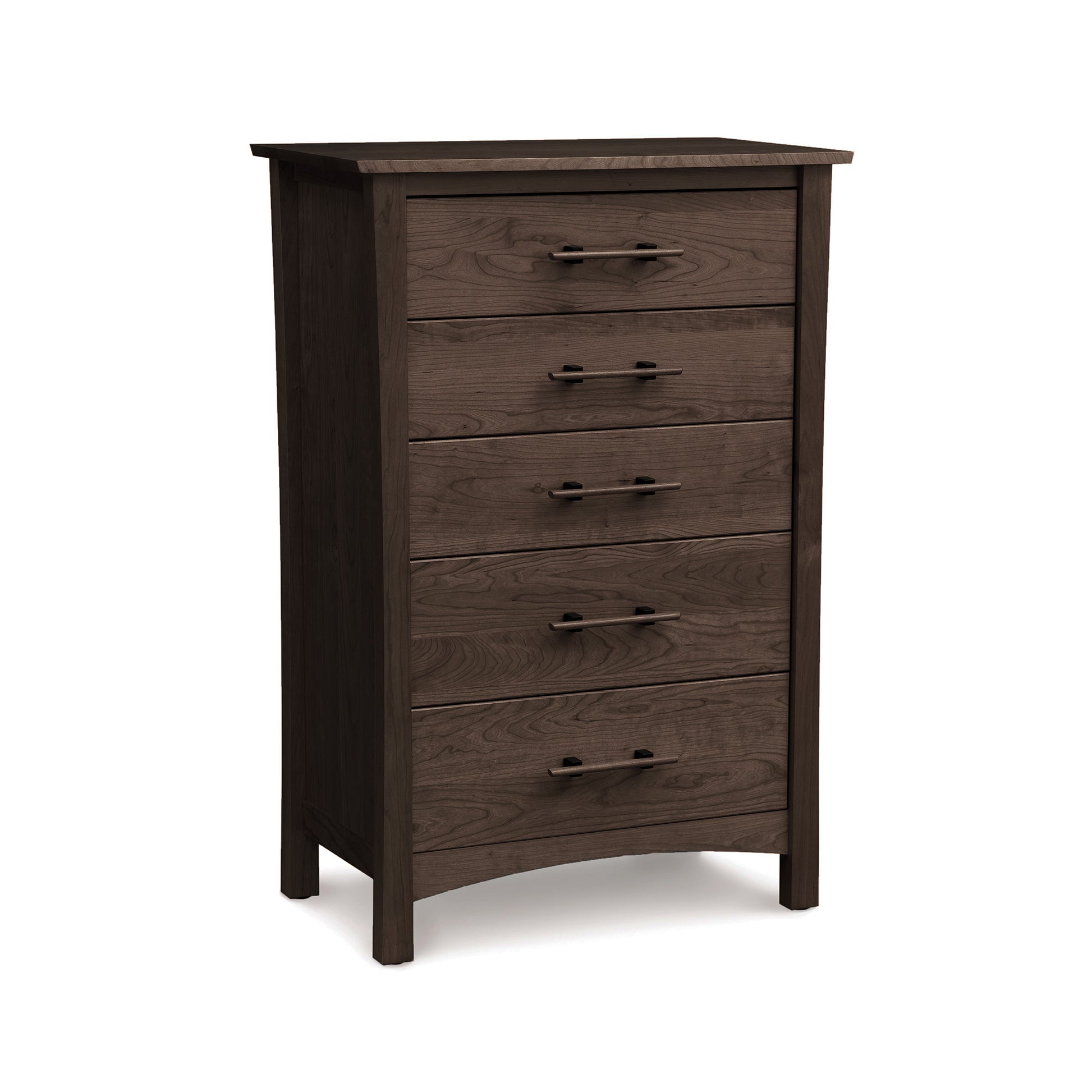 Dark eco-friendly cherrywood Copeland Furniture Monterey 5-Drawer Chest with a distinctive curved base and dual-handle drawers.