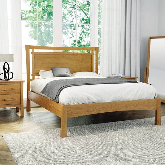 Copeland Monterey Platform Bed in queen size, crafted from eco-friendly cherry wood, showcasing elegant, minimalist design.