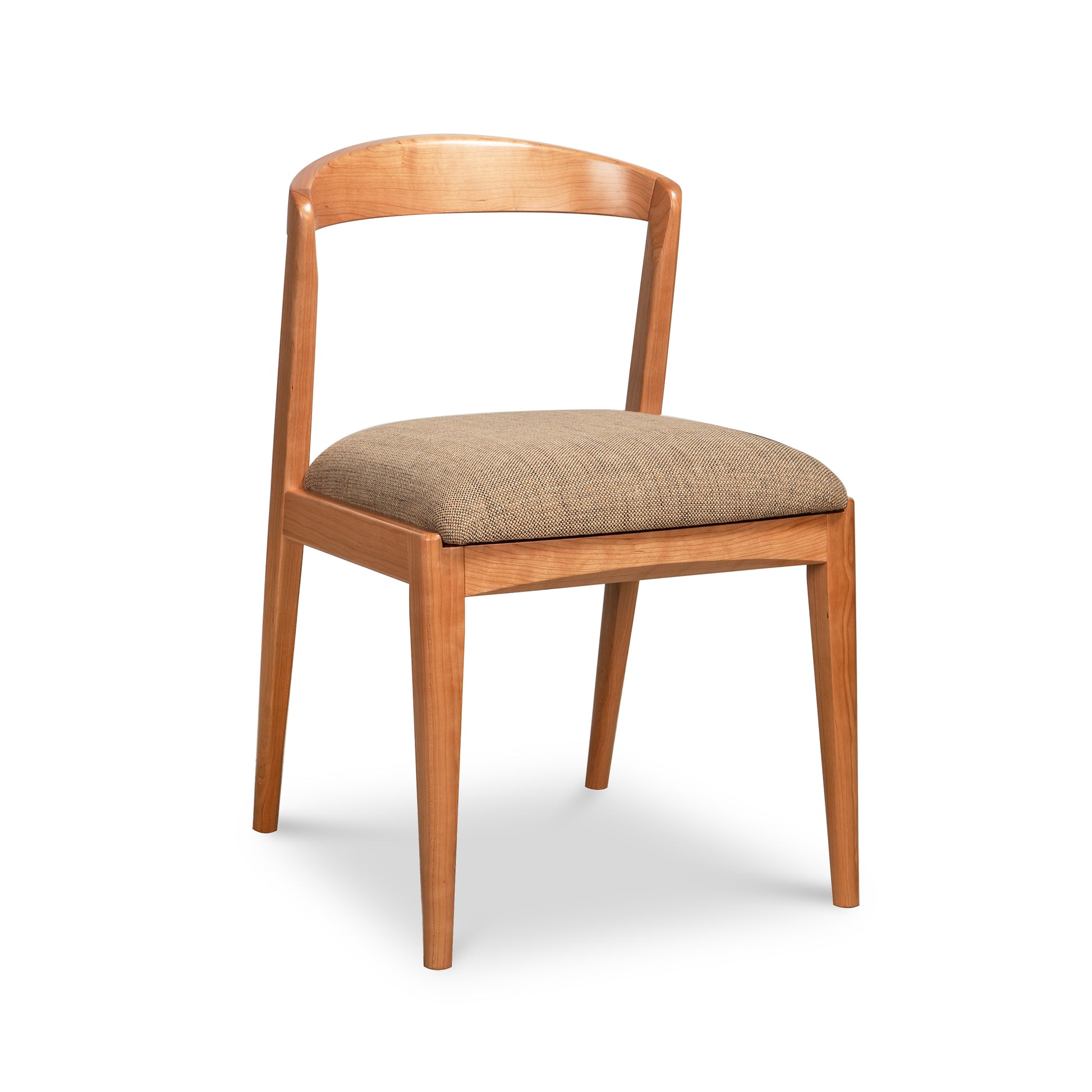 Montgomery Chair in cherry wood with Barley Upholstery by Vermont Woods Studios, American made, high quality craftsmanship, detailed view.