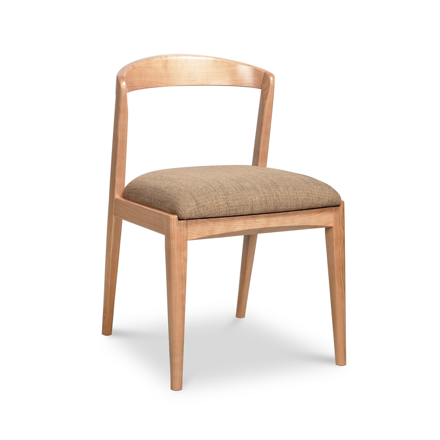 Montgomery Chair by Vermont Woods Studios features an elegant cherry frame, curved backrest, and barley fabric seat upholstery. American-made craftsmanship.