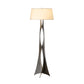 Hand-forged metal Moreau Floor Lamp by Hubbardton Forge with a twisted base and wide white shade, expertly crafted in Vermont.