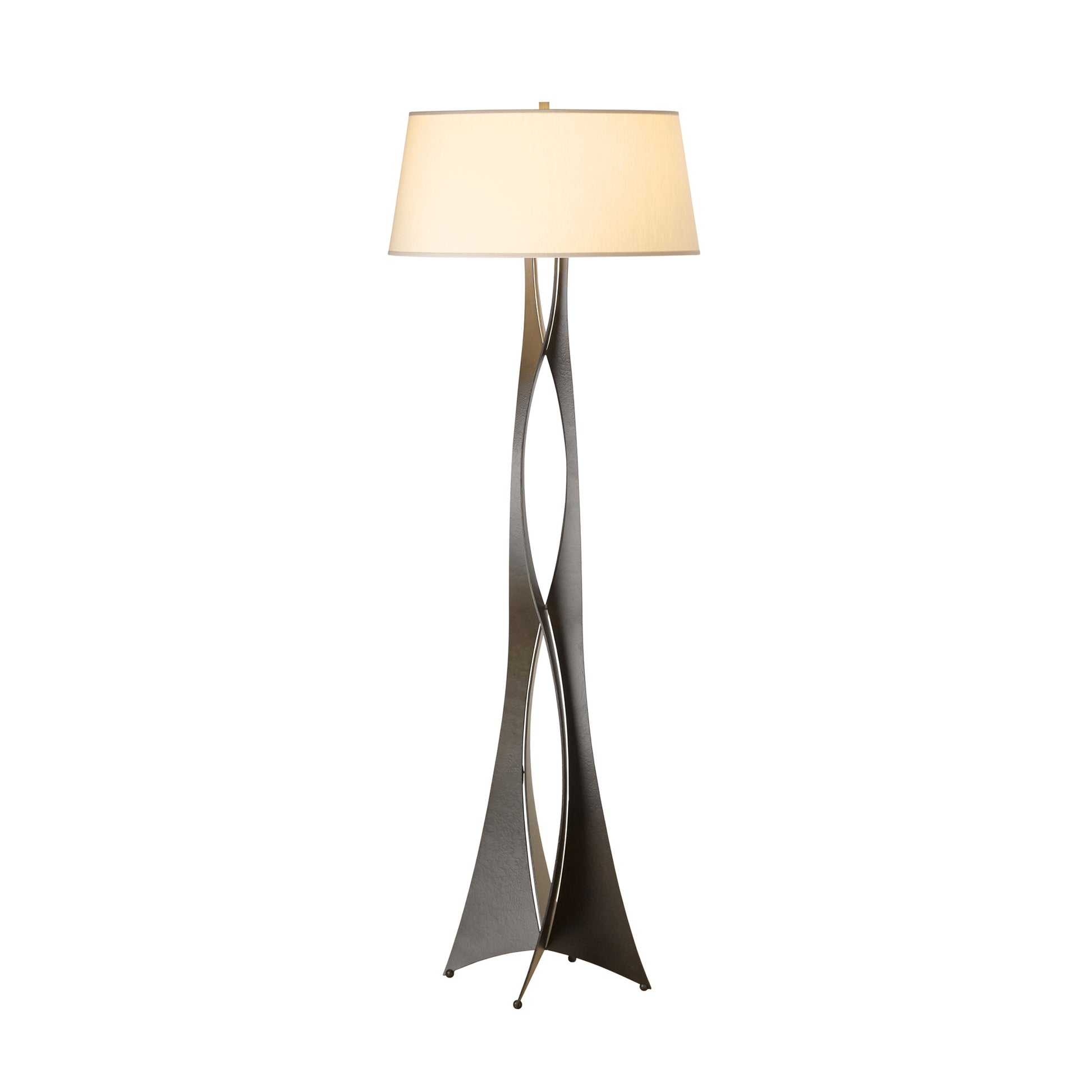 Hand-forged metal Moreau Floor Lamp by Hubbardton Forge with a twisted base and wide white shade, expertly crafted in Vermont.