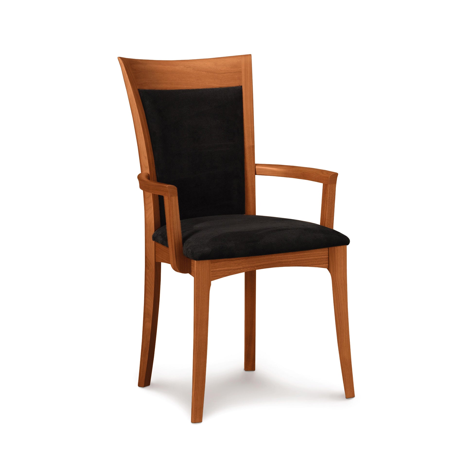 Morgan Shaker Chair by Copeland Furniture, featuring a handcrafted wood frame, curved back, armrests, and black cushioned seat.