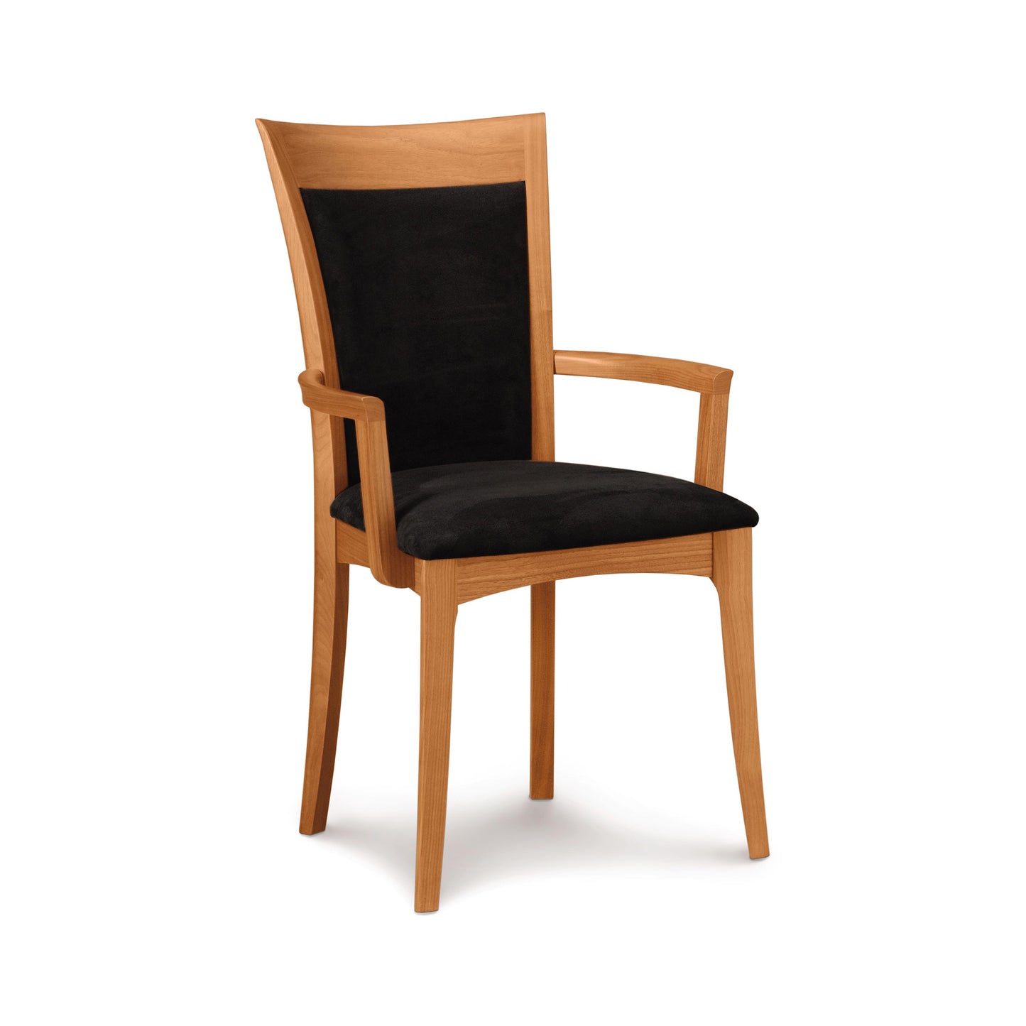 Morgan Shaker Chair by Copeland, handcrafted from American Black Cherry with black cushioned seat and back, showcasing Vermont craftsmanship.