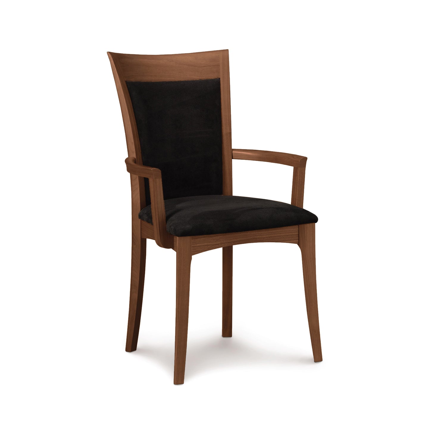Morgan Shaker Chair by Copeland Furniture, featuring a high back, armrests, and black cushioned panels, expertly handcrafted in Vermont.