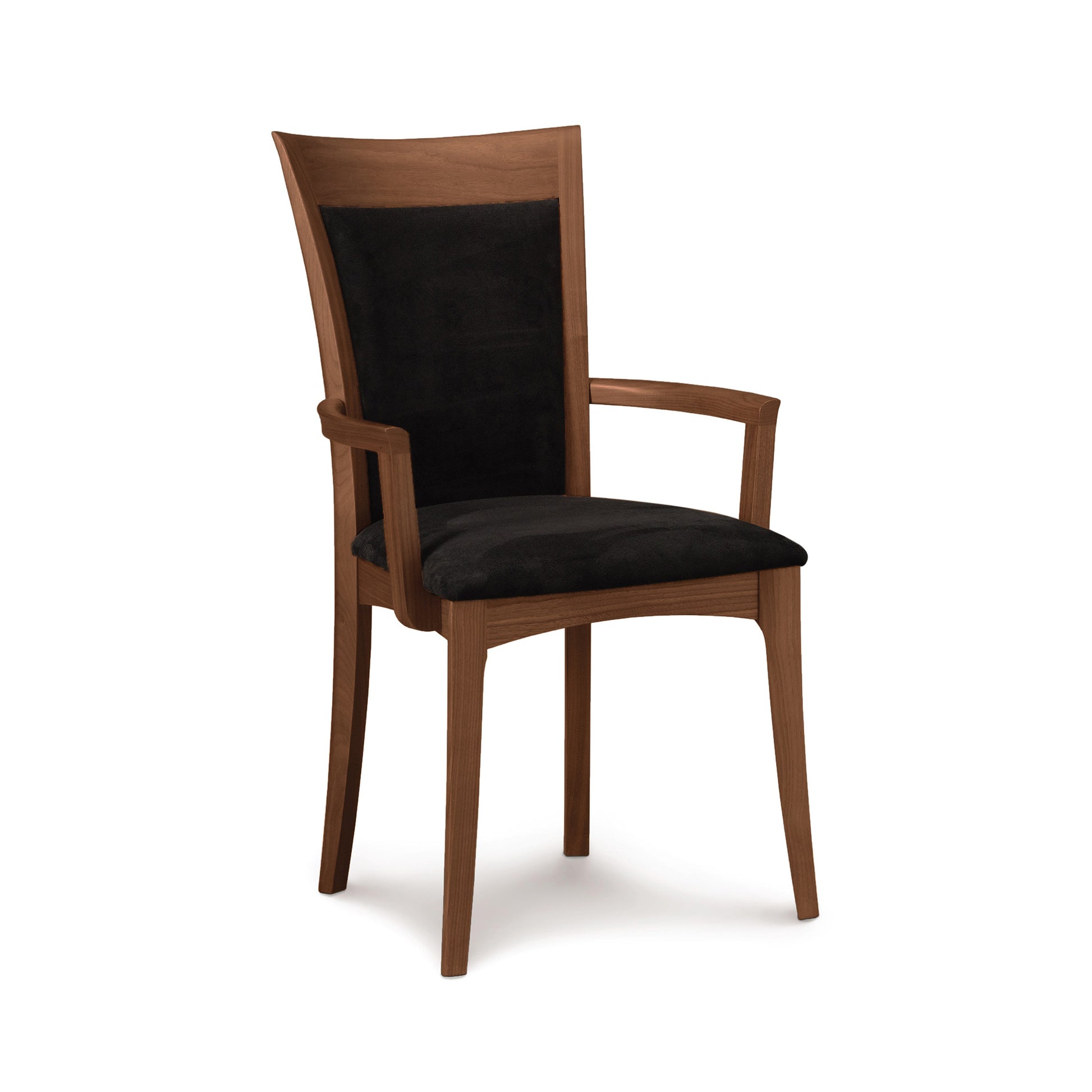 Morgan Shaker Chair by Copeland Furniture, featuring a high back, armrests, and black cushioned panels, expertly handcrafted in Vermont.