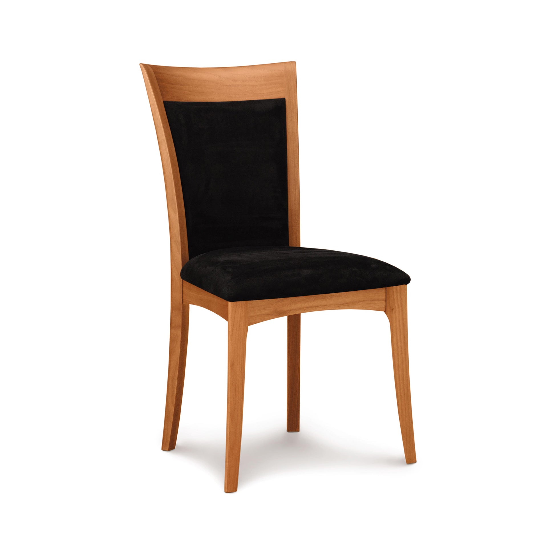 Morgan Shaker Chair by Copeland Furniture with black cushioned seat, curved backrest, and solid cherry legs, handcrafted in Vermont.