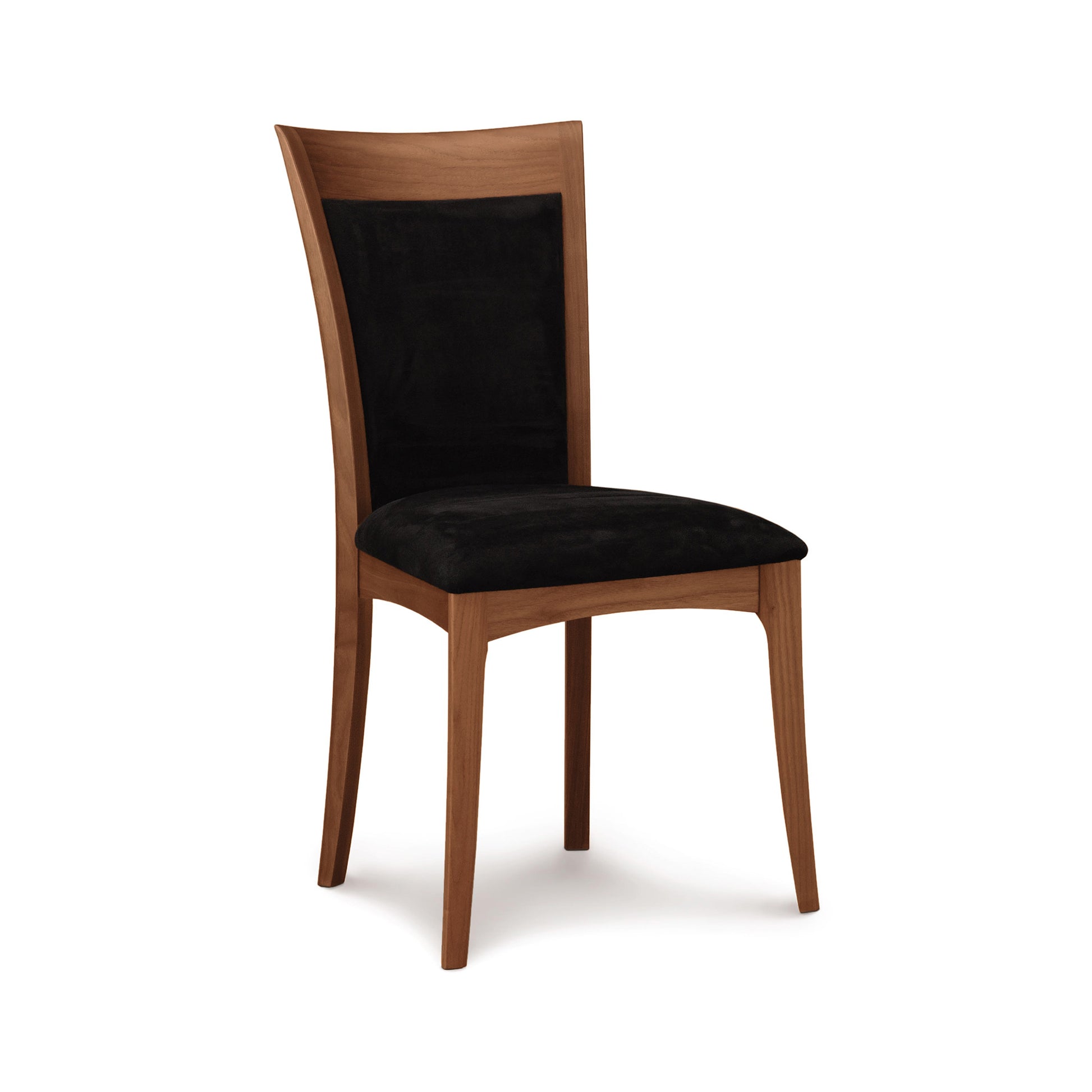 Morgan Shaker Chair by Copeland Furniture featuring a tall, narrow back and black cushioned seat, expertly handcrafted in Vermont.