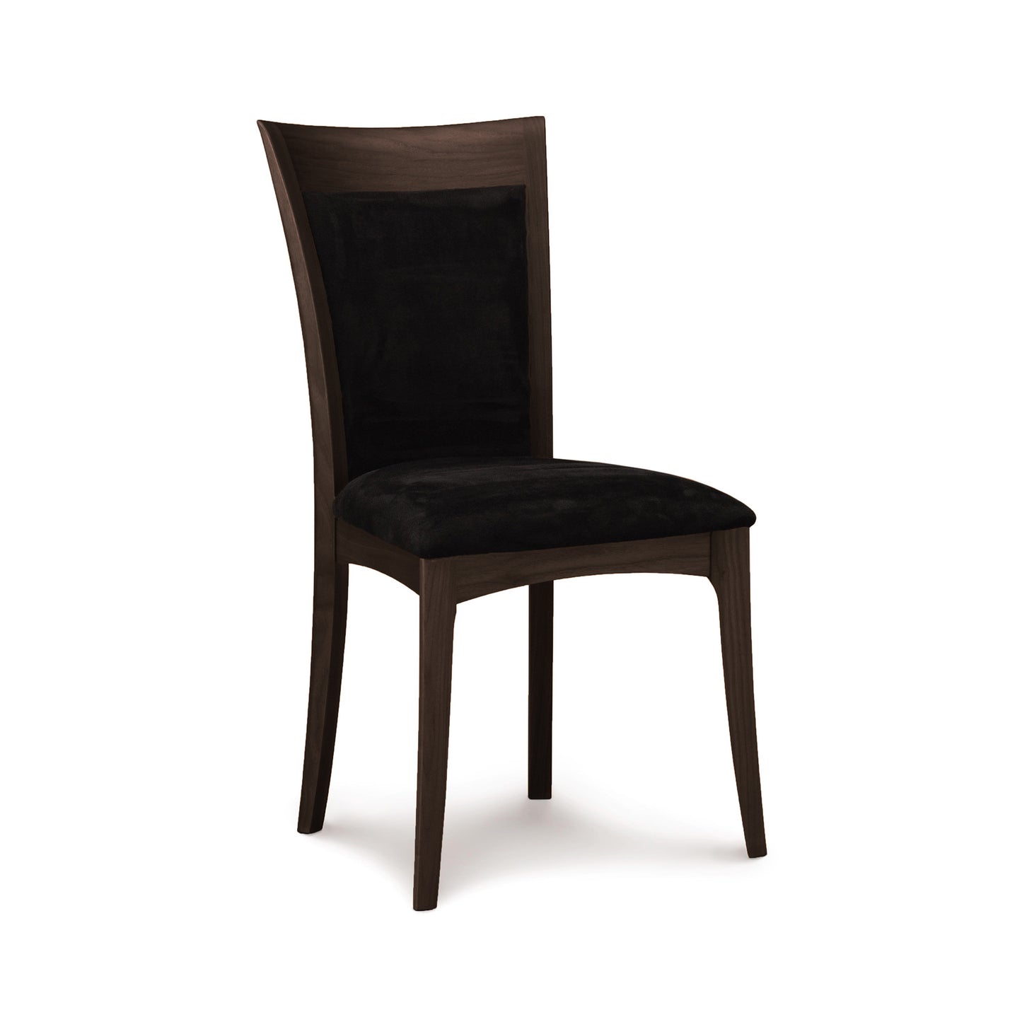 Morgan Shaker Chair by Copeland Furniture, expertly crafted from Black Cherry with a black cushioned seat and curved backrest, showcasing fine Vermont craftsmanship.
