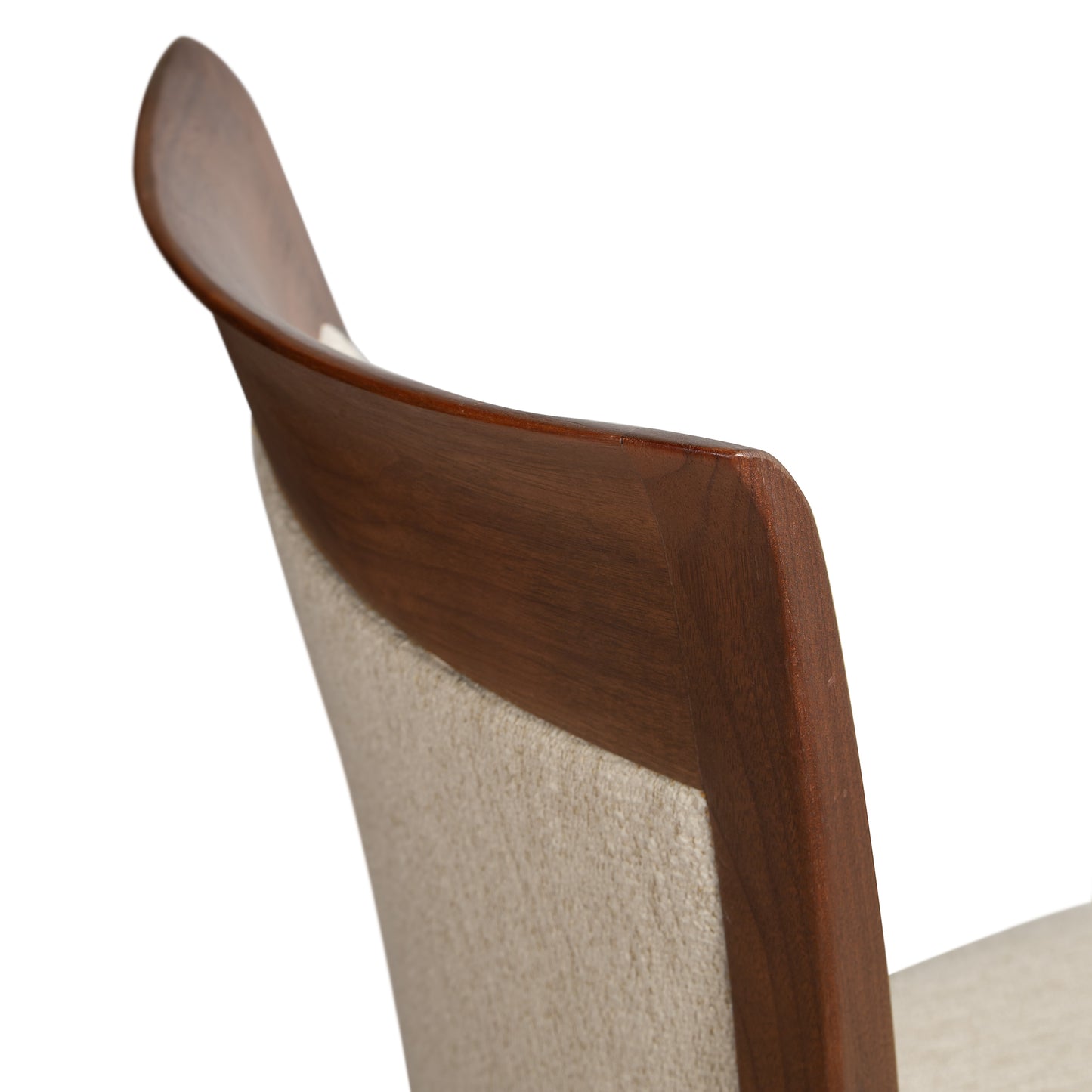 Copeland Furniture Morgan Shaker Chair backrest in solid American Black Cherry wood with cream upholstered panel, crafted in the USA.